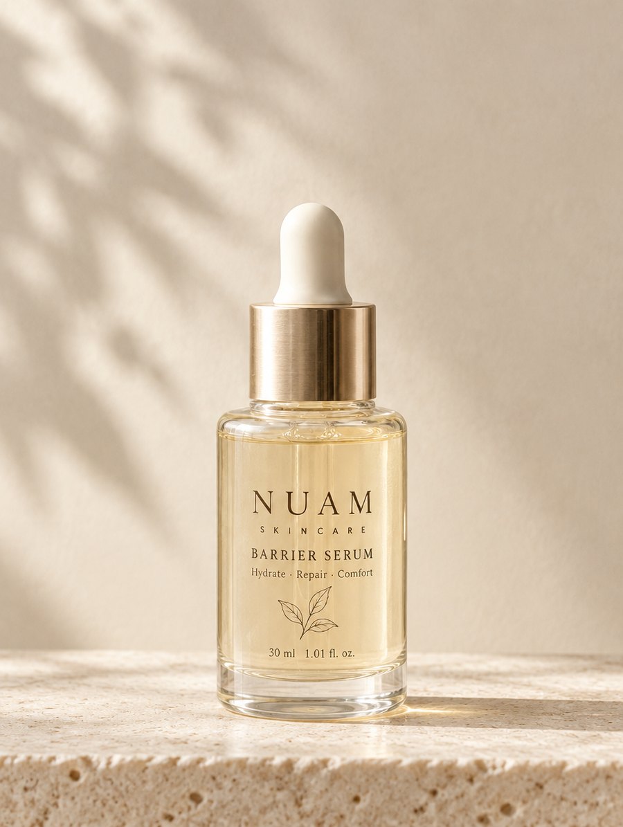 누암 배리어 세럼 30ml 한 병을 드로퍼 캡까지 가까이 잡은 제품컷