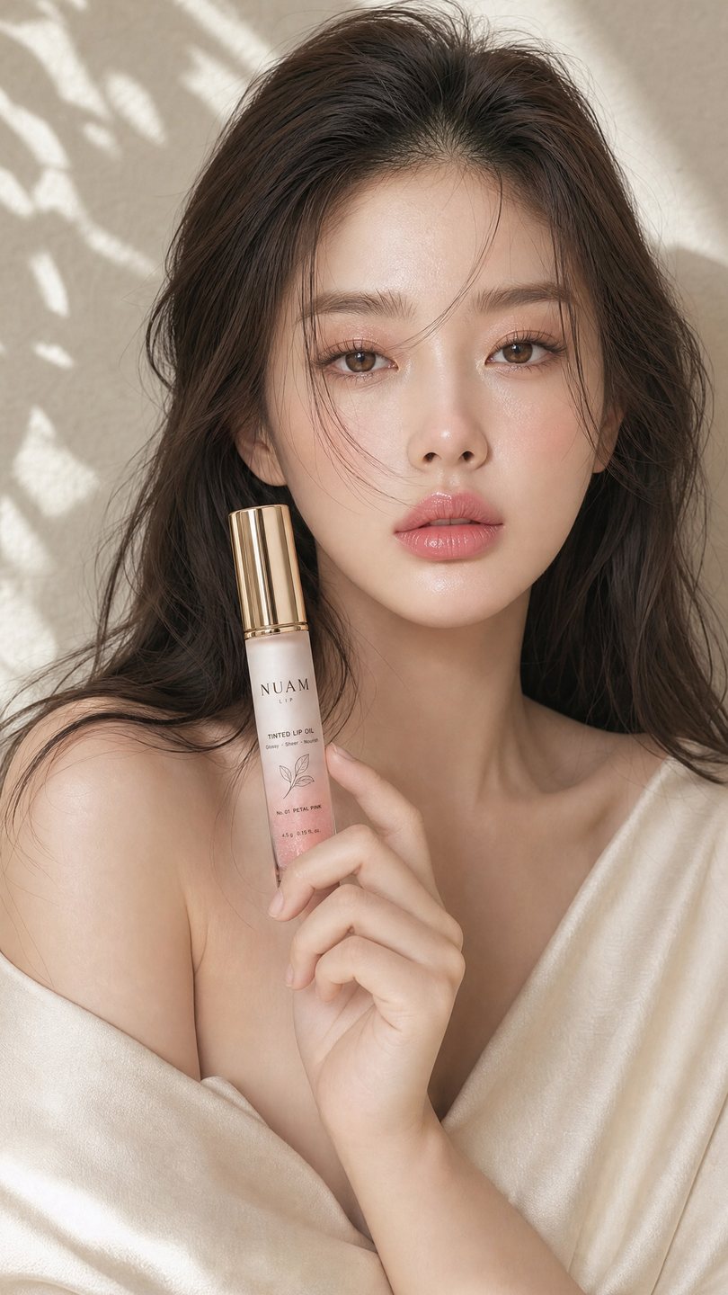 모델이 누암 틴티드 립오일을 얼굴 옆에 들고 카메라를 바라보는 뷰티 컷